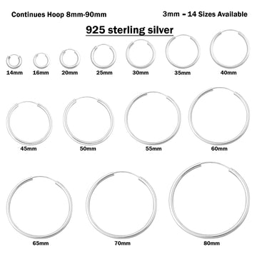 3mm Thickness Continuous Hoop Earrings Round 925 Sterling Silver (14mm-80mm)